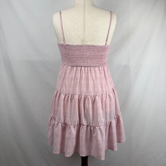 Light Pink Ruched Bodice Baby Doll Mini Dress Spaghetti Straps Swing Size L - Picture 3 of 16